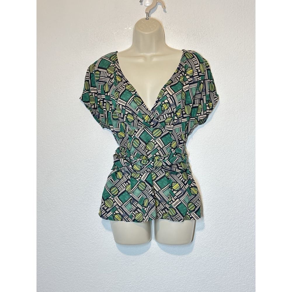 Odille Babydoll Green Blue Faux Wrap Top Blouse Size 2 Tie Empire Waist Coquette